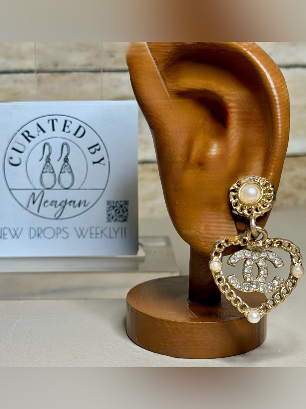 CC Gold Pearl Heart Drop Earrings